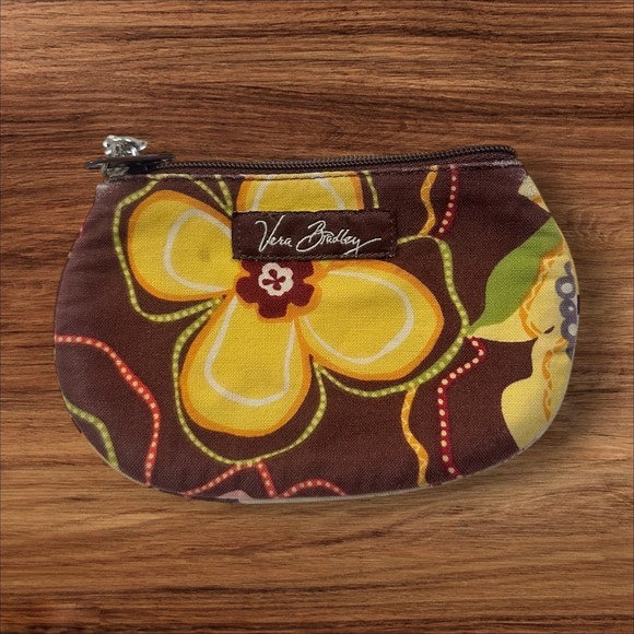 Vera Bradley Zip Coin Purse Card Case ID Holder Floral Brown Yellow - Picture 1 of 5